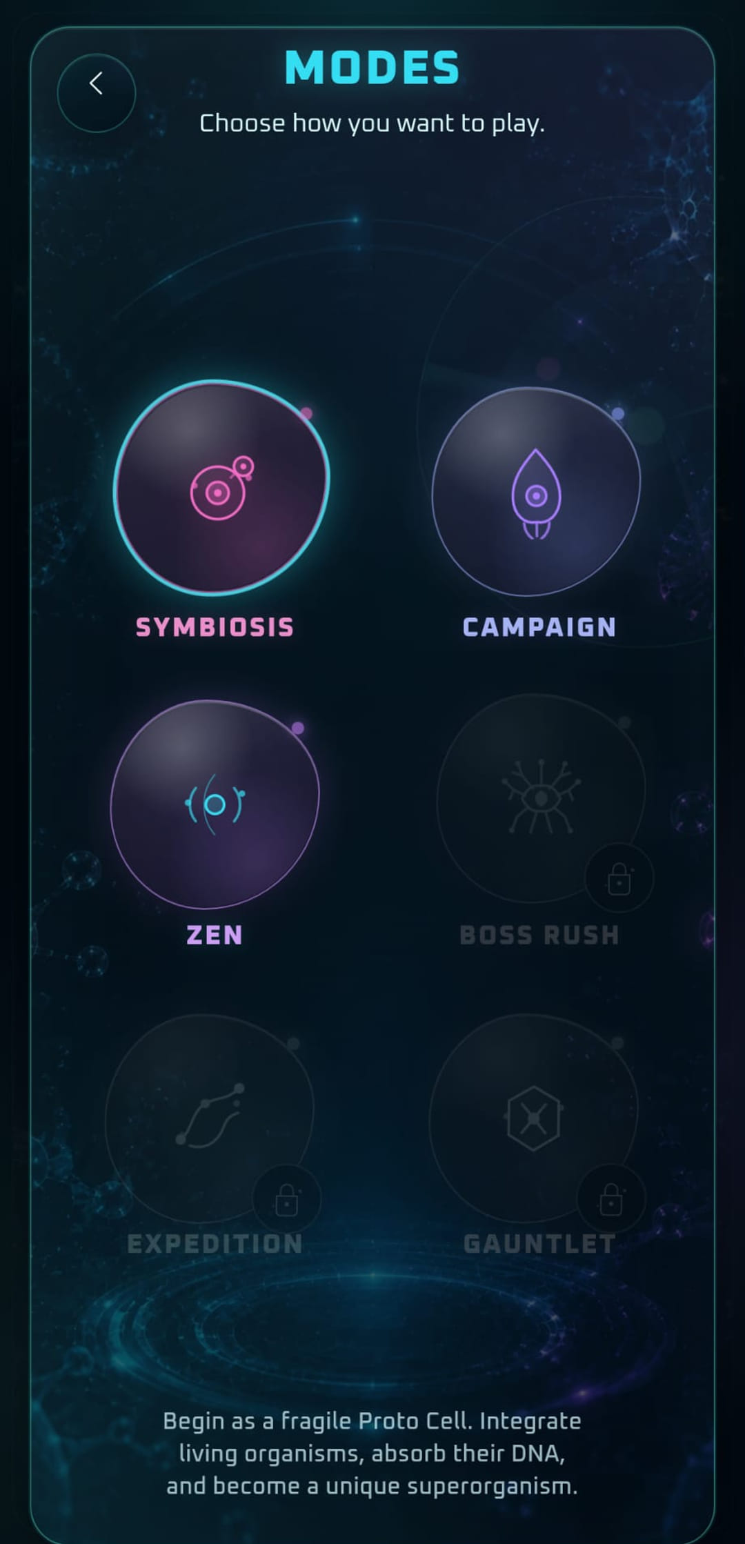 The Animanova mode selection screen with Symbiosis first