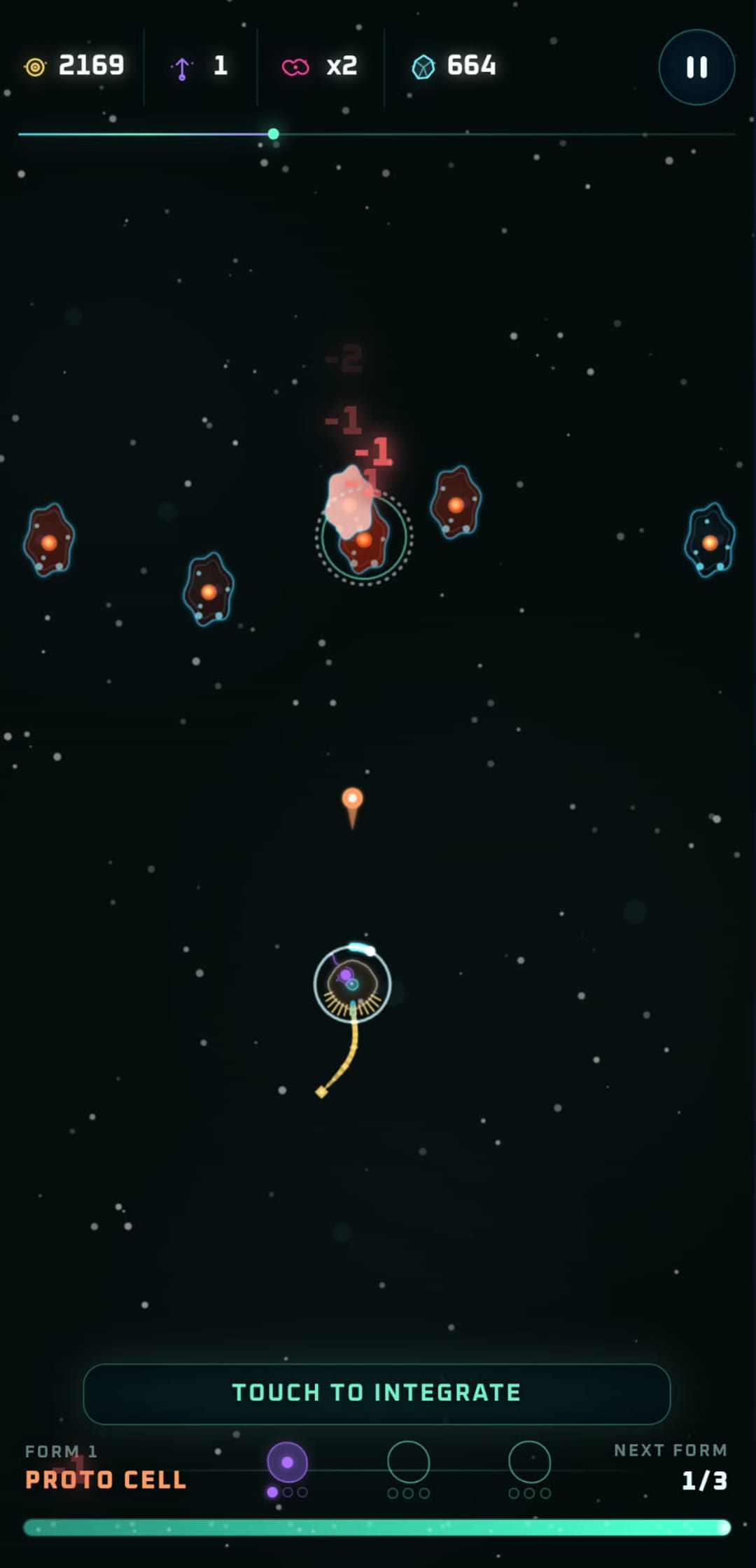 A proto cell surrounded by hostile organisms at the start of a Symbiosis run