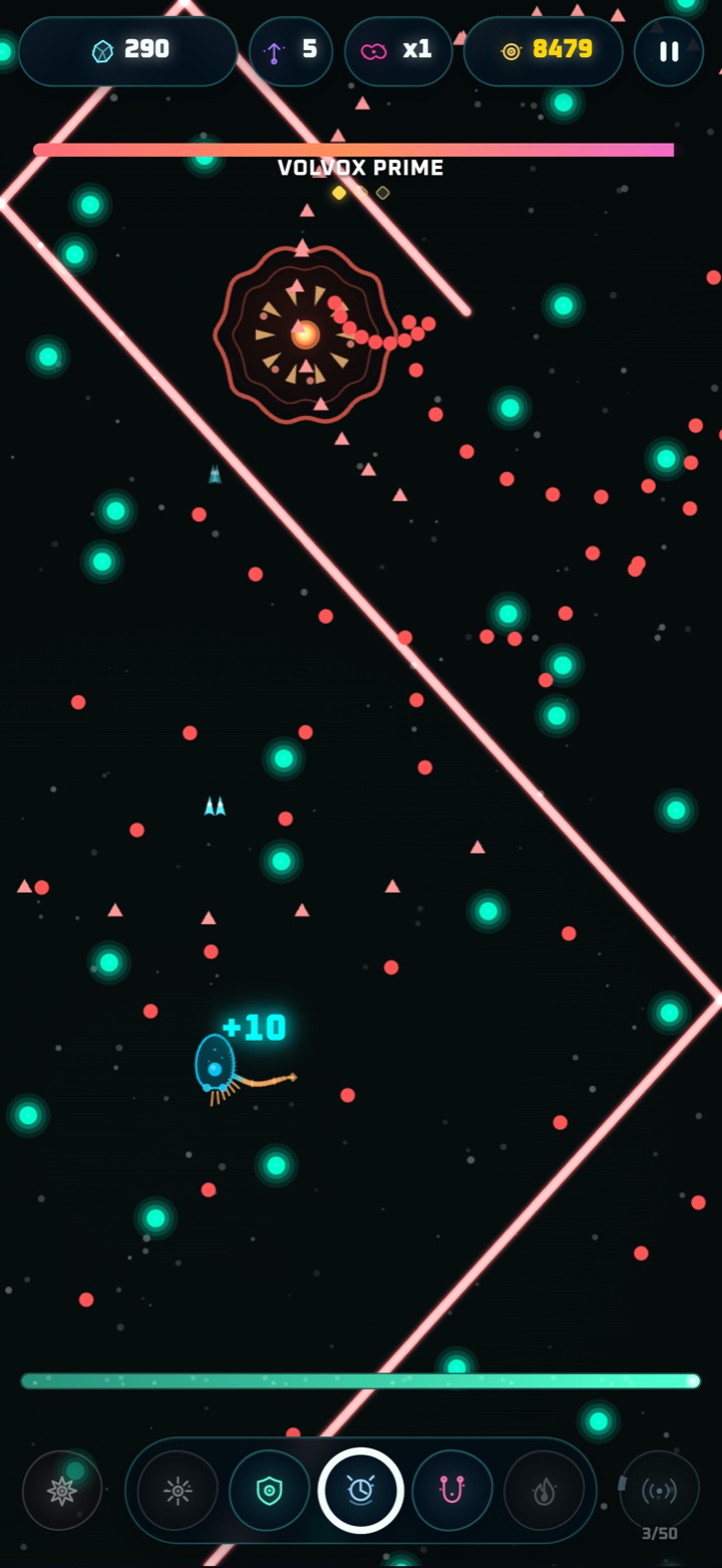 A proto cell dodging the beams and spore volleys of Volvox Prime, the first apex organism